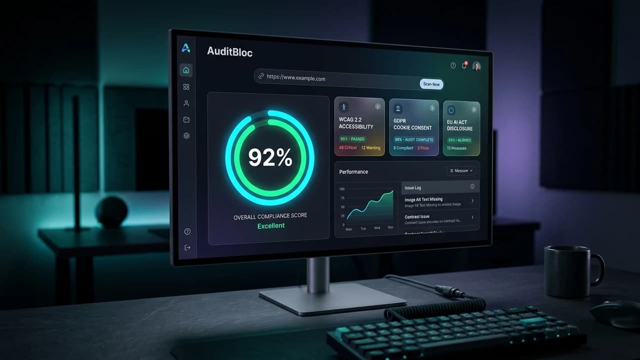 AuditBloc website compliance dashboard showing WCAG 2.2 accessibility score, GDPR cookie consent audit, and EU AI Act disclosure verification — built by Taylance Tech
