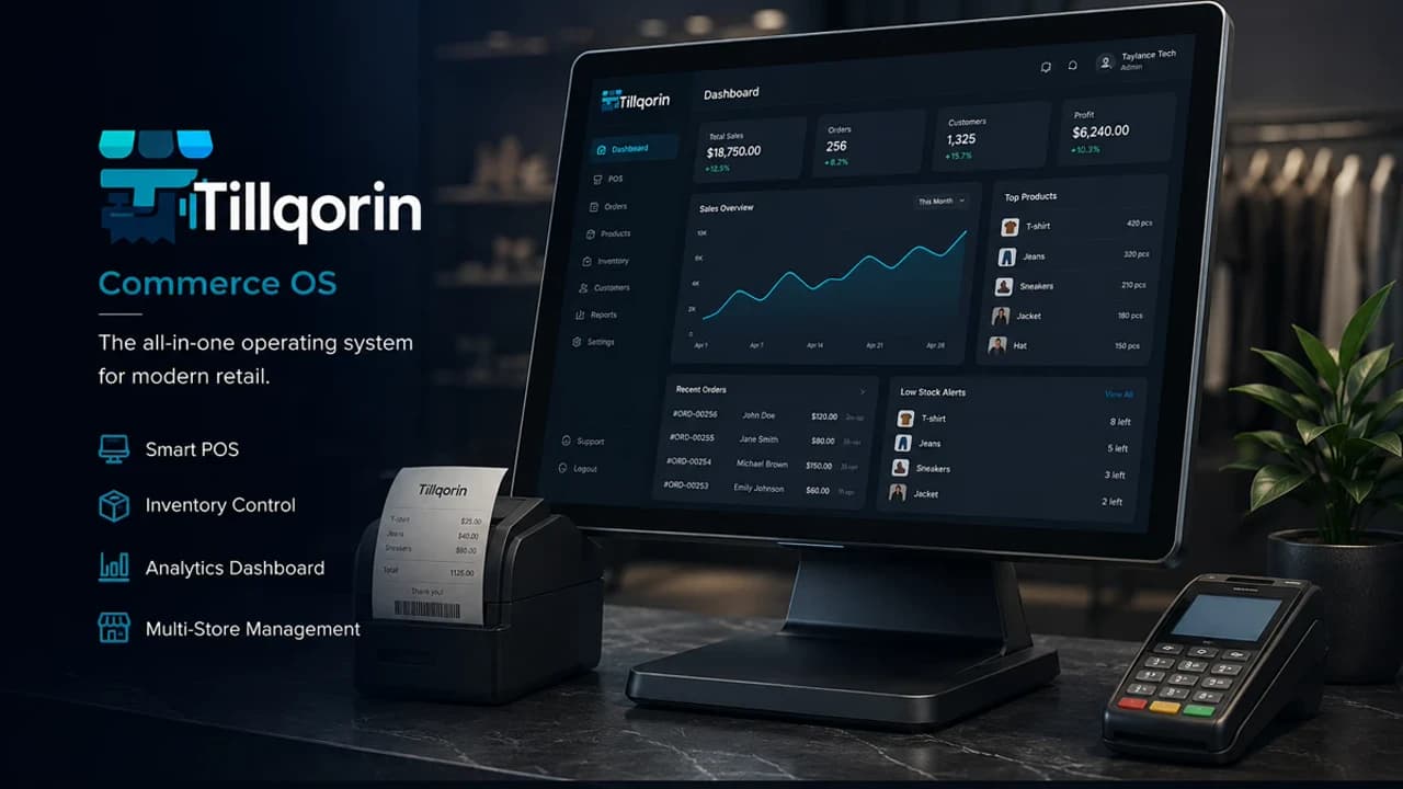 Tillqorin Commerce OS retail dashboard on a POS monitor with receipt printer and card terminal — built by Taylance Tech