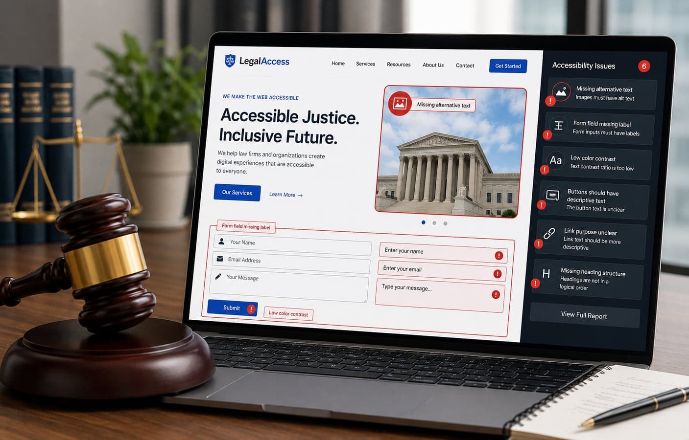 Gavel resting beside a laptop showing a website with accessibility error markers highlighted on its forms and images