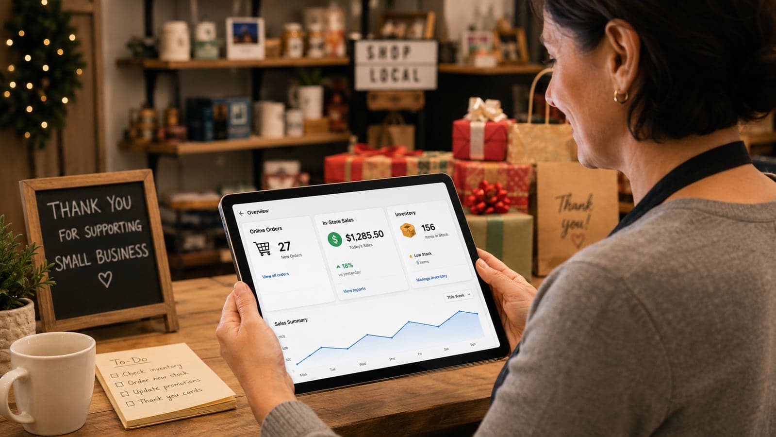 Small shop owner checking a tablet dashboard showing online orders, in-store sales, and inventory levels together, with holiday gift boxes in the background